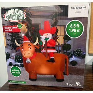 NIB Airblown Holiday Lights LED Cowboy Santa On A Bull Inflatable 6.5ft By Gemmy